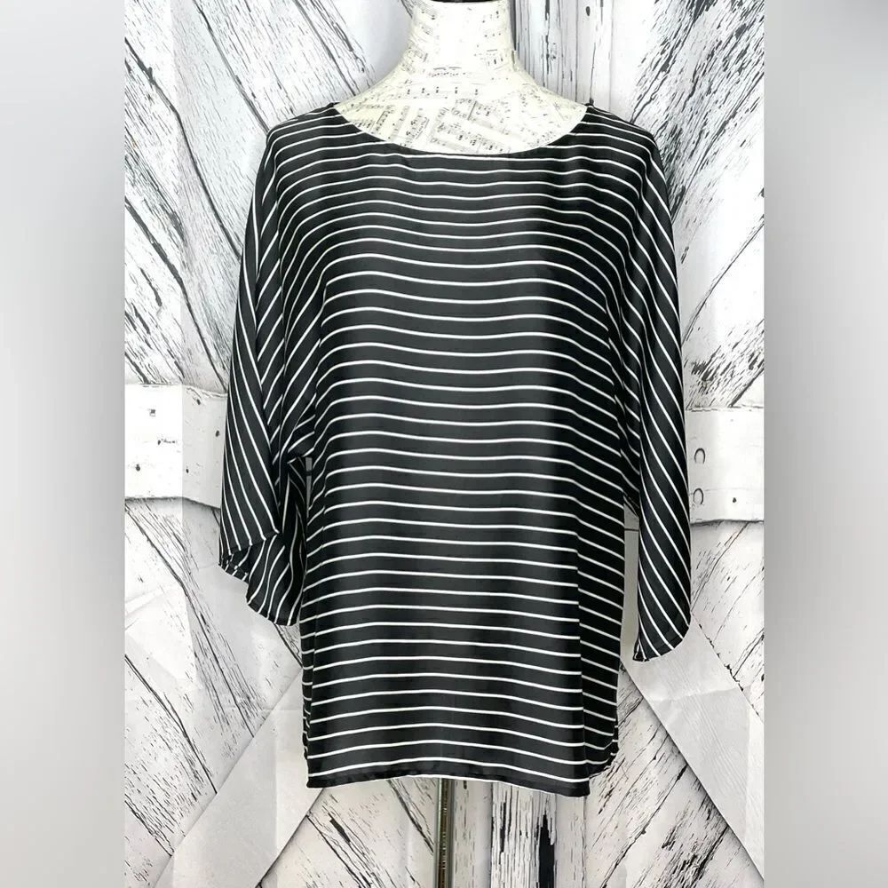 Chico’s Black White Striped Dolman Sleeve Blouse Top 10/12